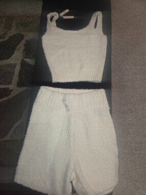 SKIMS cozy knit tank and shorts in bone